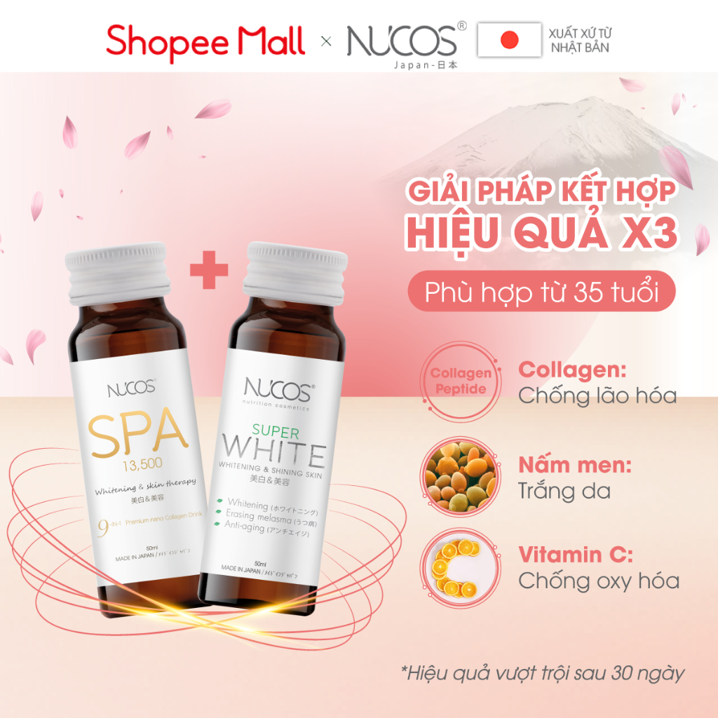 Combo nước uống collagen chống lão hóa trắng da mờ thâm nám Nucos Spa 13500 và Nucos Super White 3 hộp