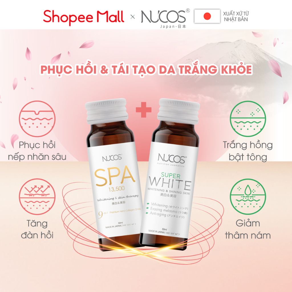 Combo nước uống collagen chống lão hóa trắng da mờ thâm nám Nucos Spa 13500 và Nucos Super White 3 hộp