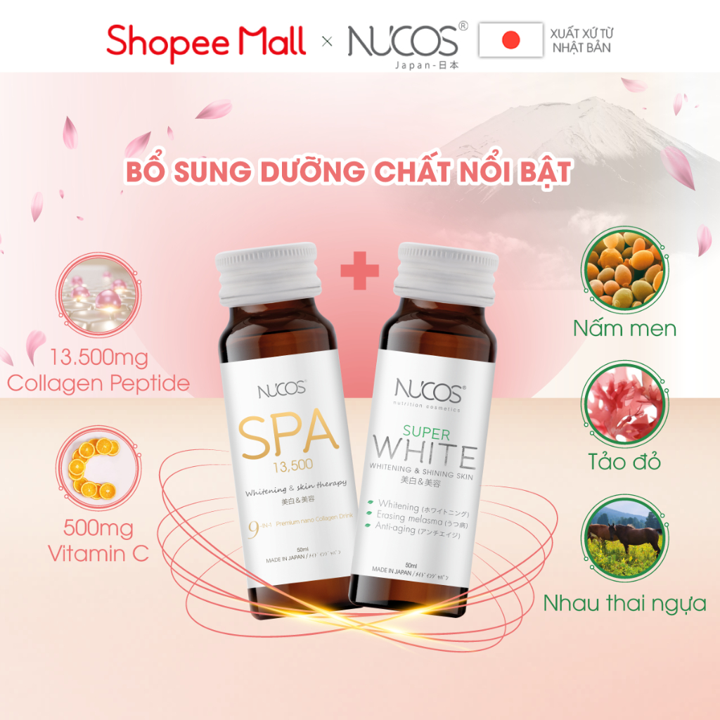 Combo nước uống collagen chống lão hóa trắng da mờ thâm nám Nucos Spa 13500 và Nucos Super White 3 hộp