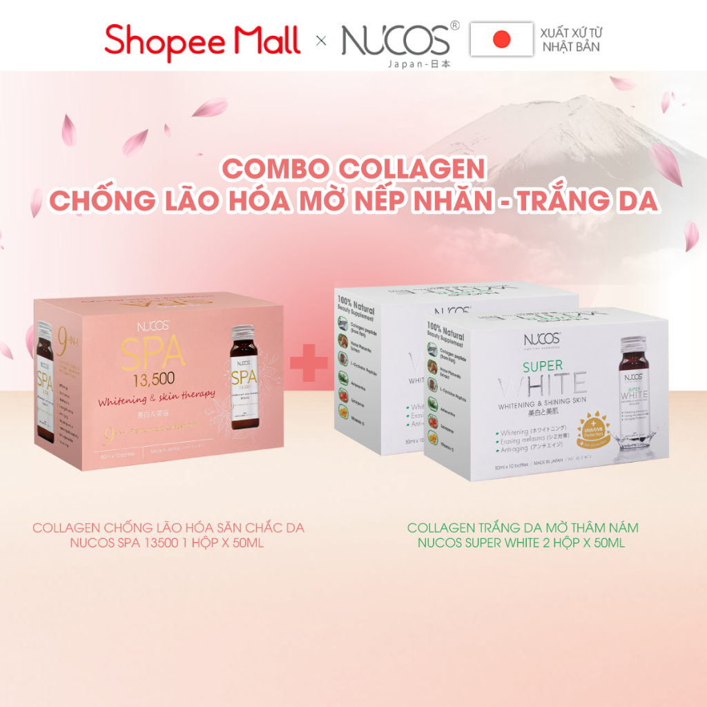 Combo nước uống collagen chống lão hóa trắng da mờ thâm nám Nucos Spa 13500 và Nucos Super White 3 hộp