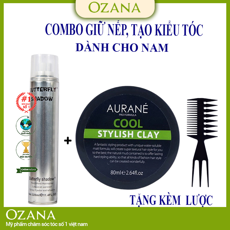 Combo Sáp vuốt tóc tạo kiểu, giữ nếp tóc aurane 80gr  gôm Butterfly Shadow 320ml chính hãng