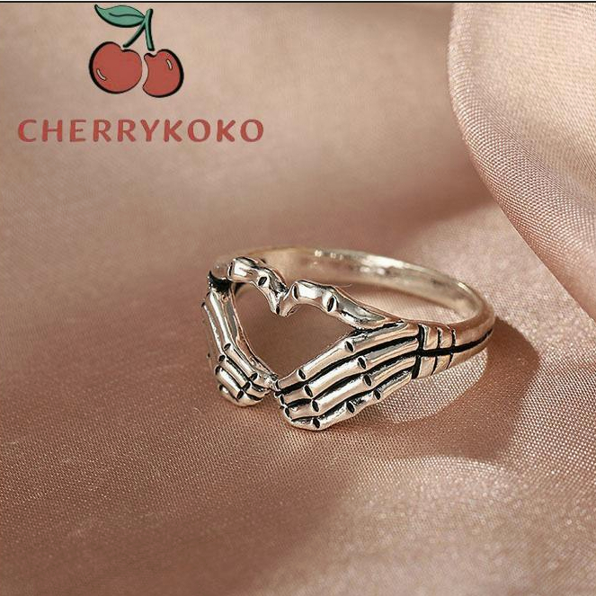🍒🍒CHERRYKOKO Nhẫn bằng kim loại mạ bạc hình xương bàn tay phong cách hiphop Hàn Quốc thời trang