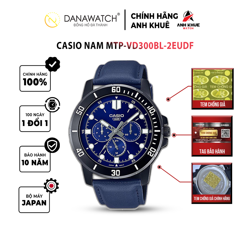 Đồng hồ Casio Nam chính hãng Casio Nhật Bản MTP-VD300BL-2EUDF dây da chính hãng chống nước tốt