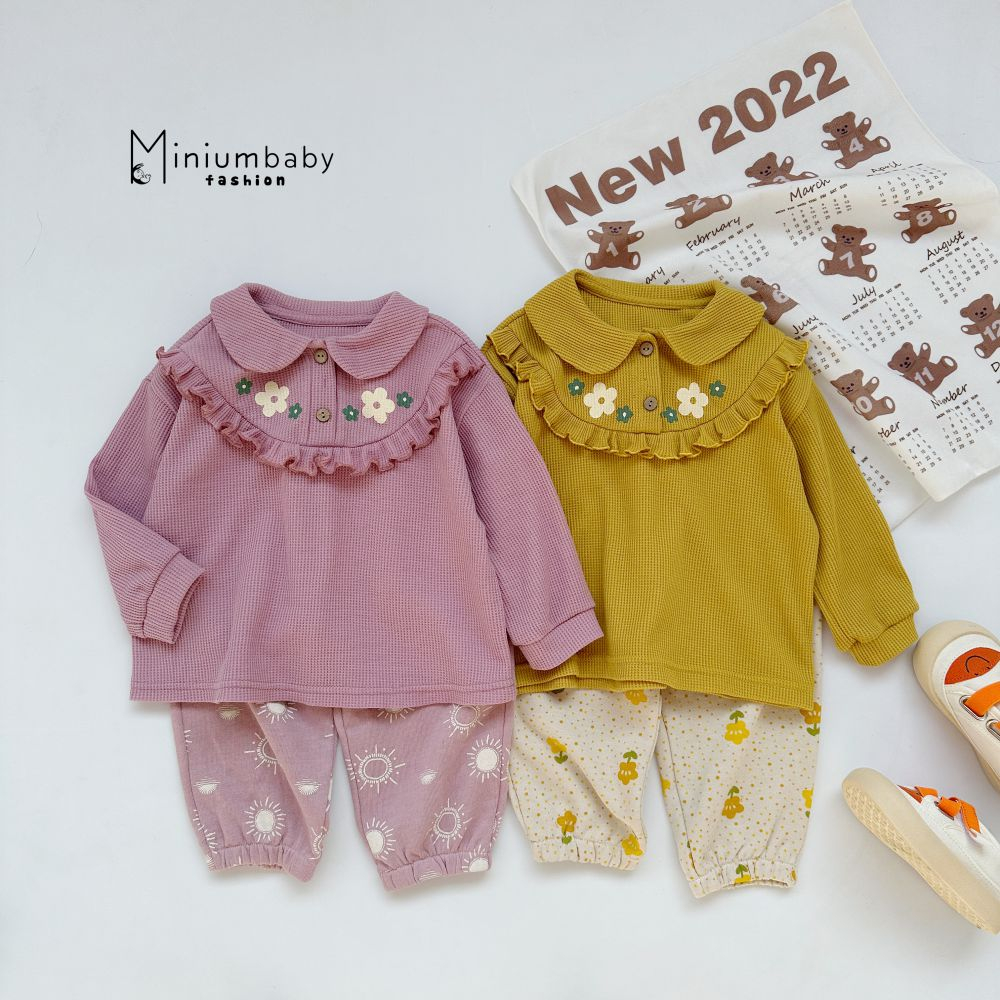 Bộ quần áo cổ sen dài tay bèo ngực thêu hoa cho bé Minium, Bộ quần áo trẻ em cotton thu hè,miniumbabyfashion SB1400