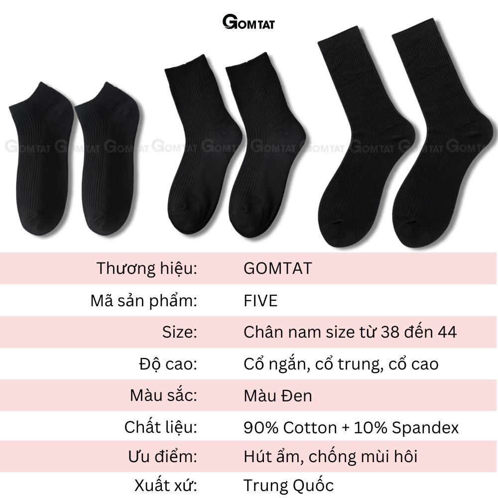 Tất đen trơn cổ ngắn, cổ trung, cổ cao nam nữ GOMTAT phong cách basic, chất liệu cotton thoáng mát - FIVE