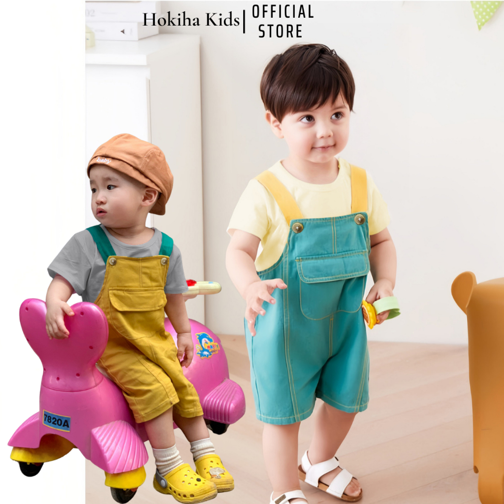 Combo áo + yếm quần Hokiha Kid cho bé trai bé gái gồm 1 yếm kaki và 1 áo thun chất cotton mềm mại size 5-13kg