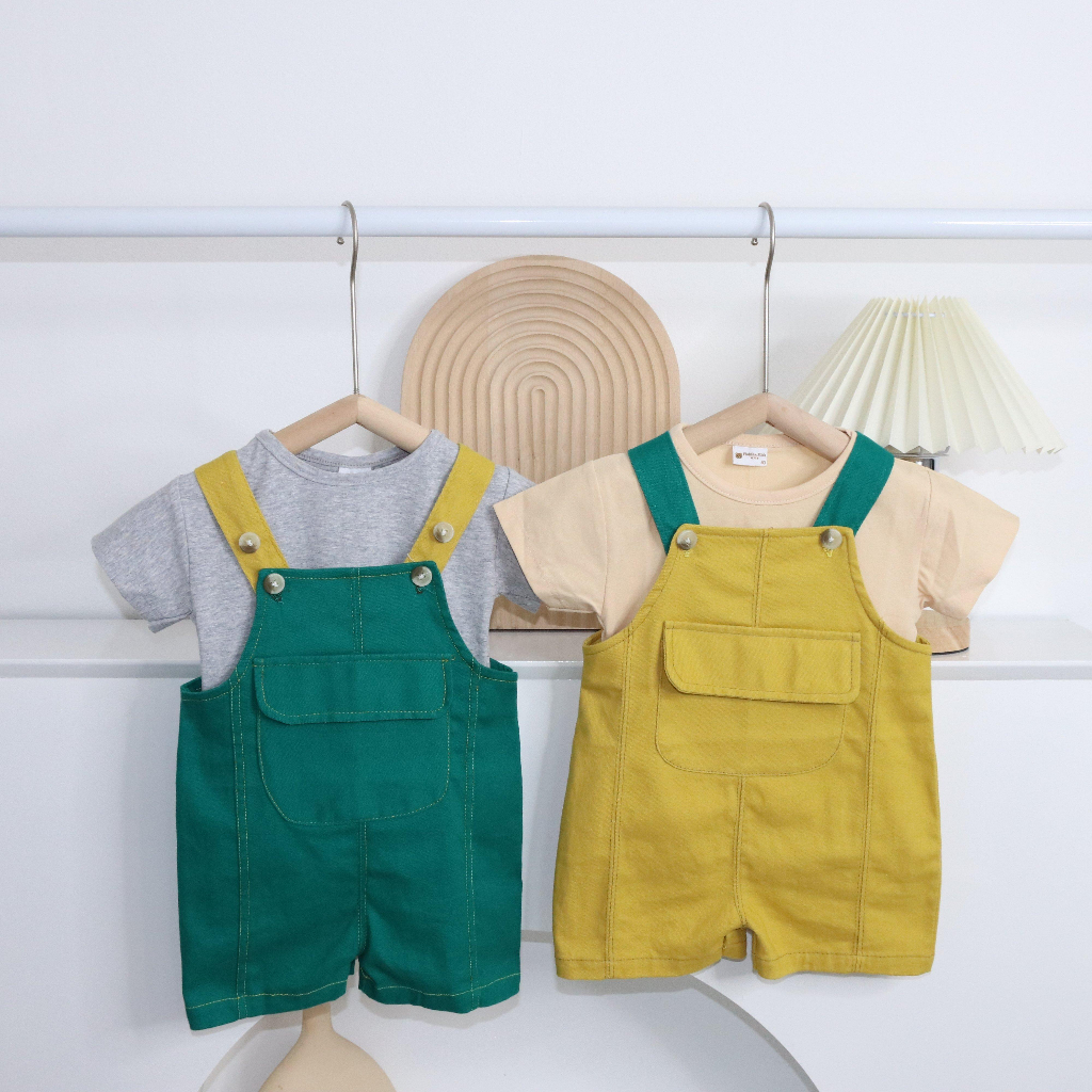 Combo áo + yếm quần Hokiha Kid cho bé trai bé gái gồm 1 yếm kaki và 1 áo thun chất cotton mềm mại size 5-13kg