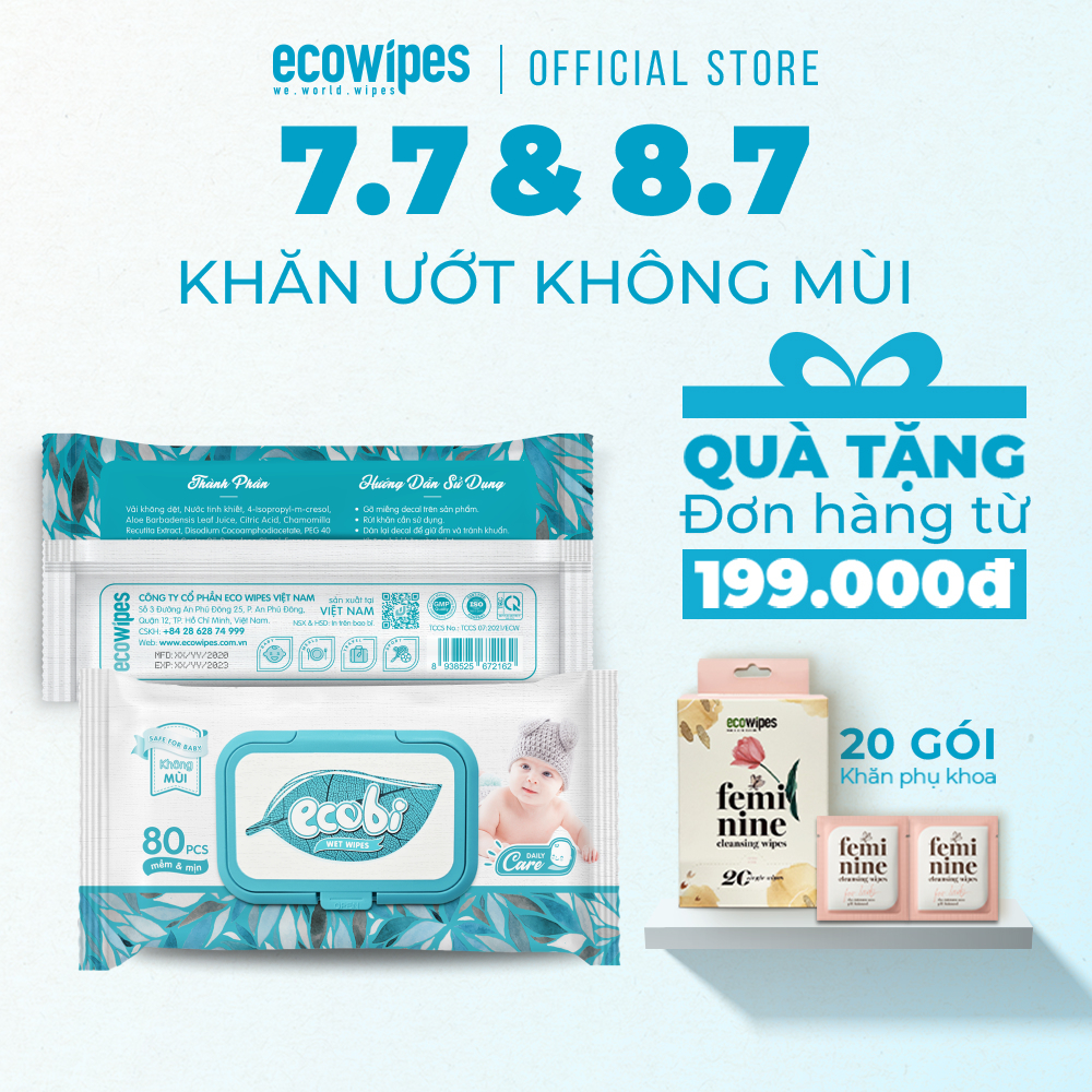 Khăn giấy ướt cho bé Ecobi gói 80 tờ không mùi không paraben an toàn cho da của bé