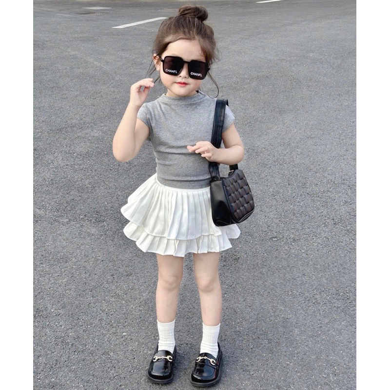 Bộ áo thun tăm cotton và chân váy dập ly xoè siêu đáng yêu phong cách hàn quốc cho bé gái dạo phố