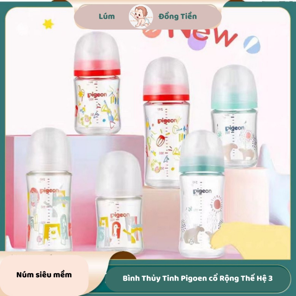 Bình Sữa Pigoen Thuỷ Tinh Nội Địa Nhật Thế Hệ 3 Mẫu Mới 2022 Núm Ti Mềm 160ml 240ml