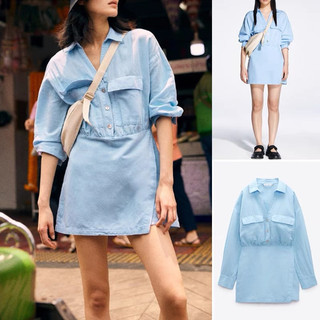 Váy sơ mi cổ V túi hộp zara xanh nước biển dư xuất xịn, áo liền quần