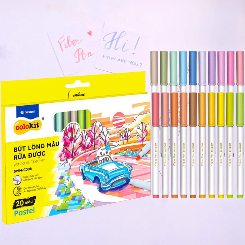 Bút lông 20 màu Pastel Washable Fiber Pen Thiên Long Colokit SWM-C008 - Bút lông màu rửa được