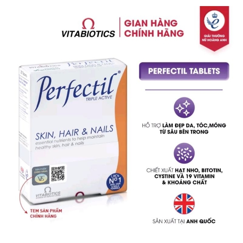 Viên uống đẹp da,tóc và móng Vitabiotis Perfectil ,bổ sung Biotin và vitamin chống Oxy hóa