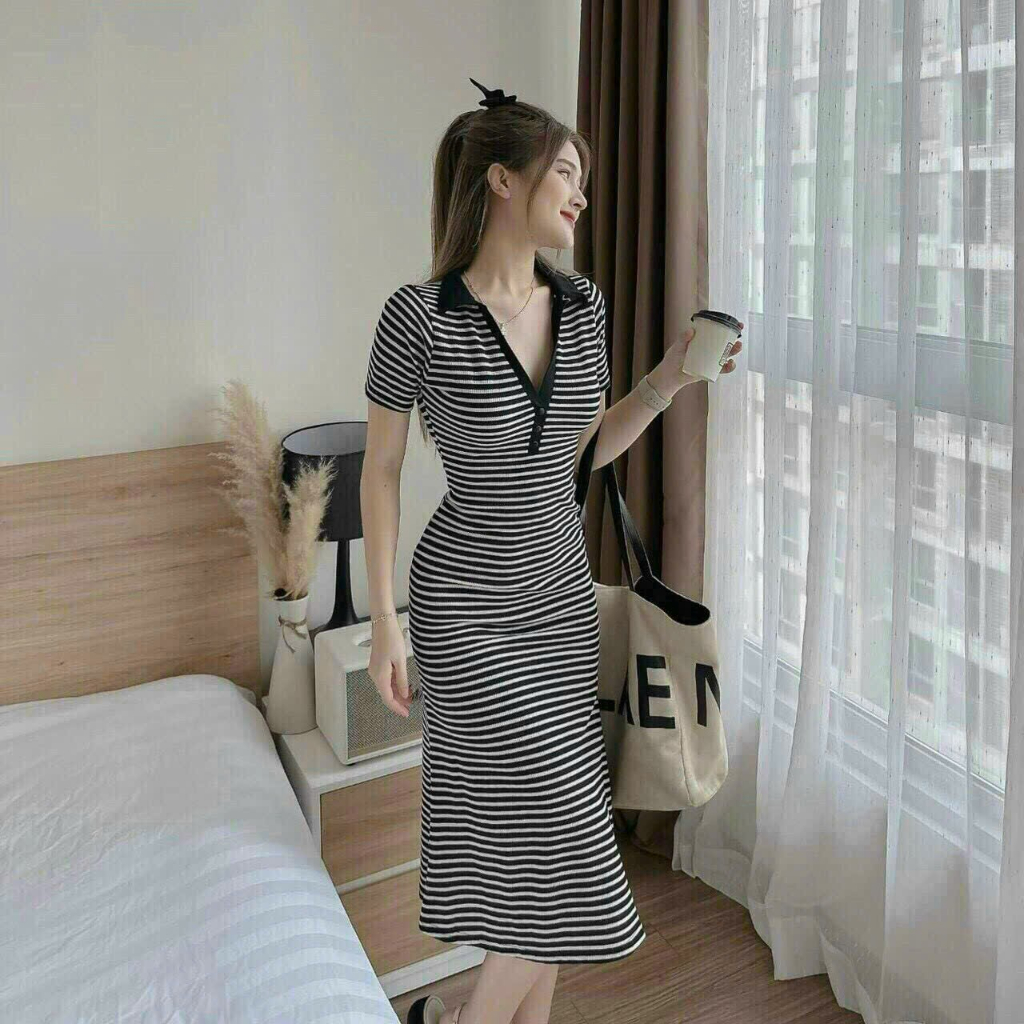 Đầm sọc cổ bè dáng dà đuôi cá suông tôn dáng 3 màu siêu sáng da, đầm váy nữ cổ polo ôm body đơn giản dễ thương MTB