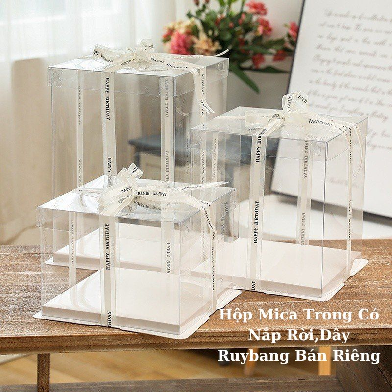 Hộp nhựa mica trong đế trắng đựng bánh gato, bánh kem, quà lưu niệm ( chưa kèm dây ruybang)