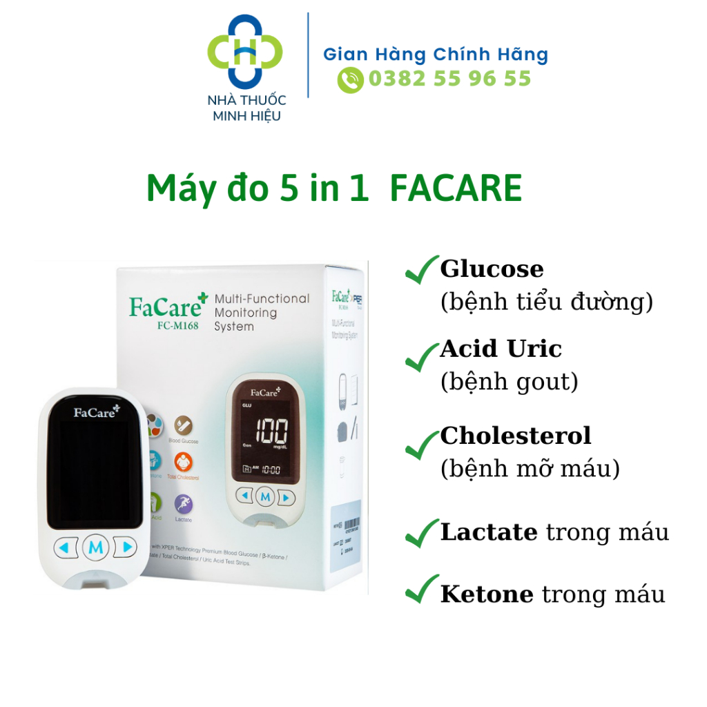 Máy đo 5 in 1 FaCare+ FC-M168 (TD-4216) Bluetooth hỗ trợ đo Cholesterol, Acid Uric, Glucose