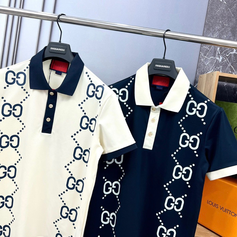 Áo polo nam cổ bẻ GG cotton gai in hai vạch dọc áo vân chữ monogram xích chéo bo cổ ống tay than be