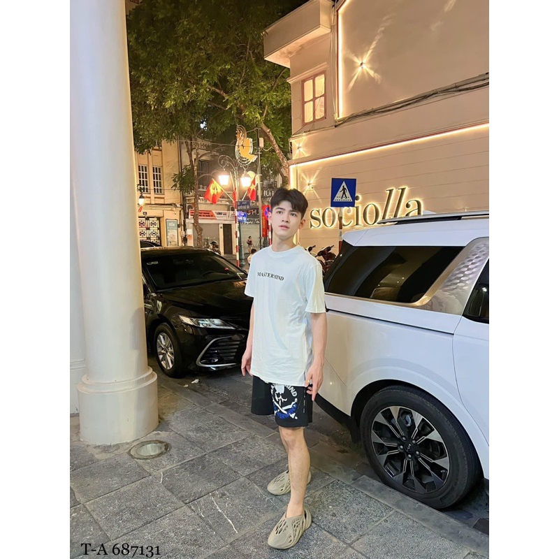 Bộ đồ nam cộc tay mặc hè Mastermind in chữ hình xương đầu lâu hai mặt quần cạp chun dây rút be sữa BH64P