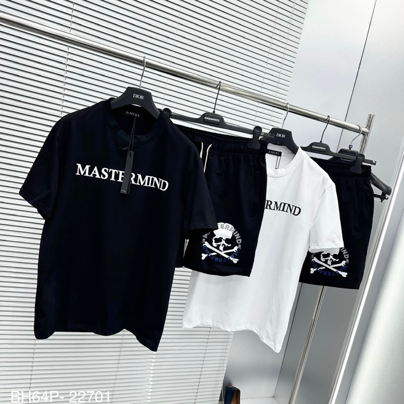 Bộ đồ nam cộc tay mặc hè Mastermind in chữ hình xương đầu lâu hai mặt quần cạp chun dây rút be sữa BH64P