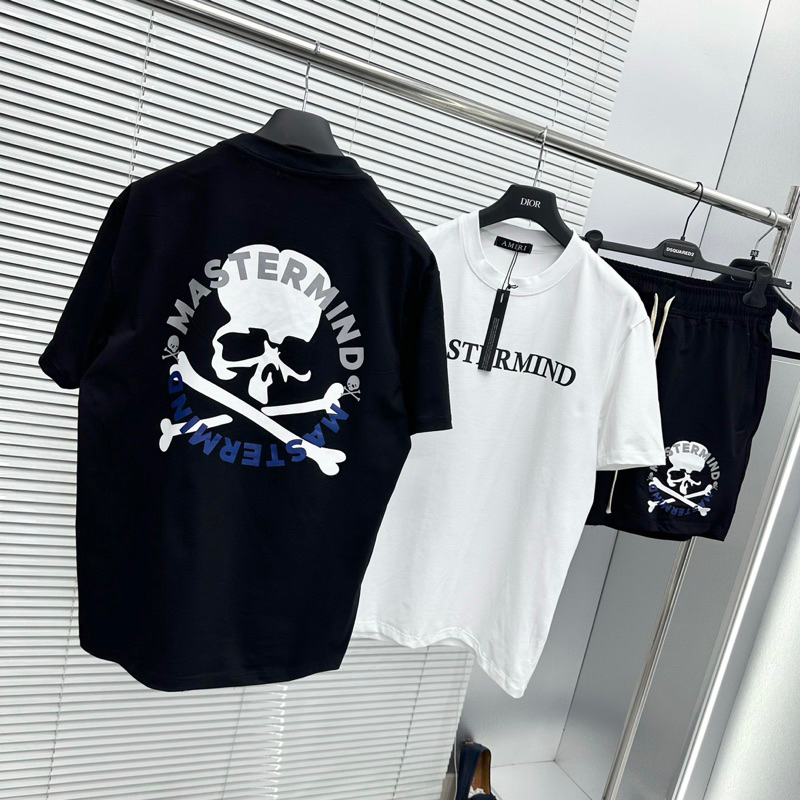 Bộ đồ nam cộc tay mặc hè Mastermind in chữ hình xương đầu lâu hai mặt quần cạp chun dây rút be sữa BH64P