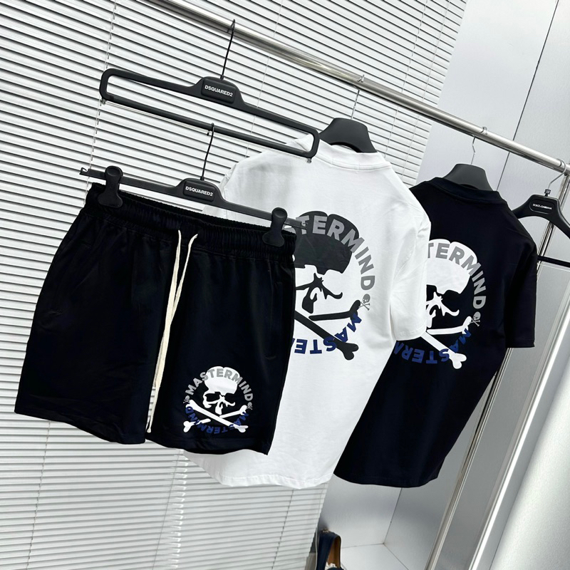 Bộ đồ nam cộc tay mặc hè Mastermind in chữ hình xương đầu lâu hai mặt quần cạp chun dây rút be sữa BH64P