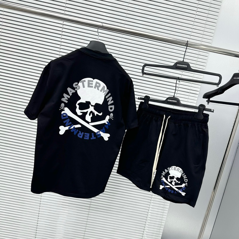 Bộ đồ nam cộc tay mặc hè Mastermind in chữ hình xương đầu lâu hai mặt quần cạp chun dây rút be sữa BH64P