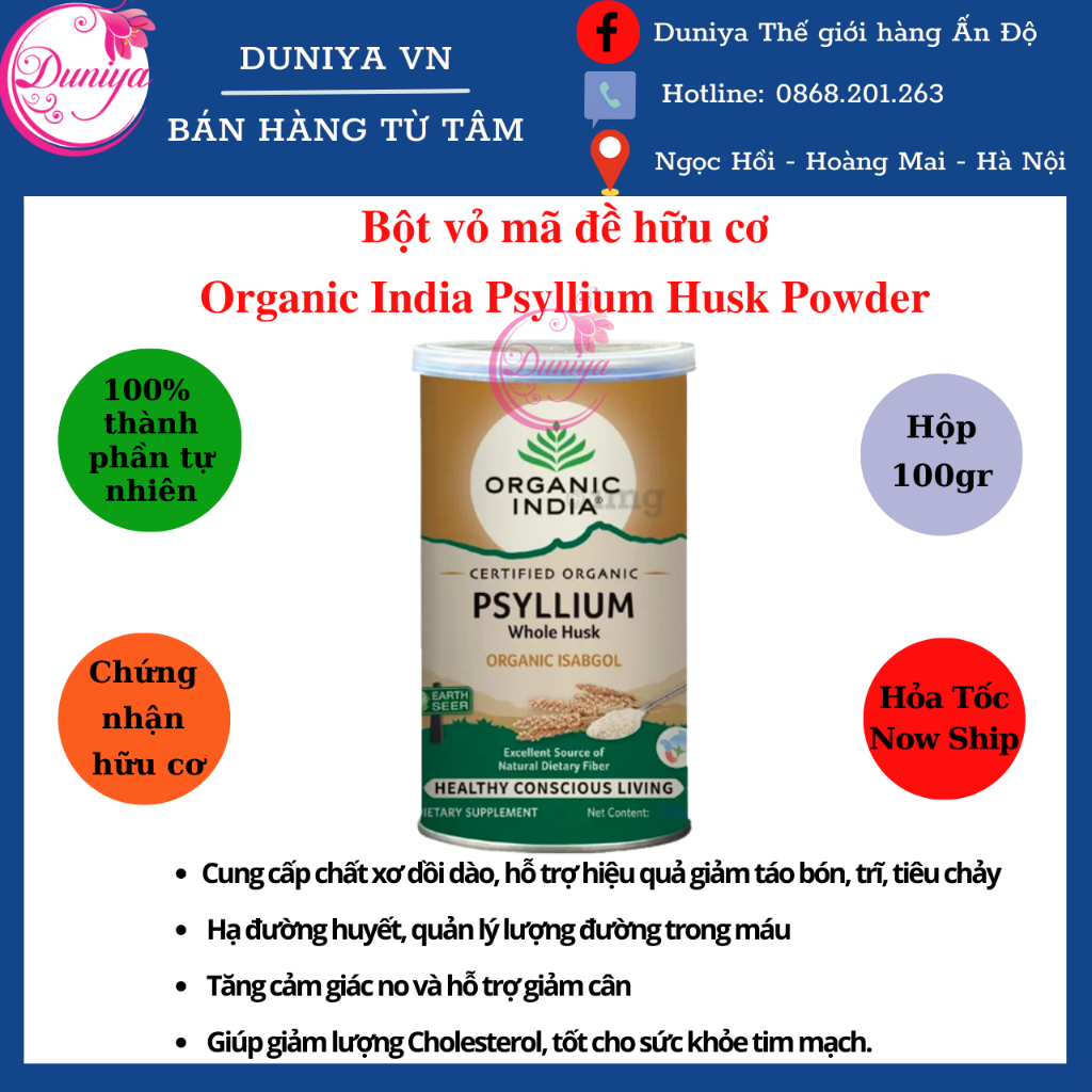 Bột vỏ mã đề hữu cơ Organic India Psyllium Husk Powder