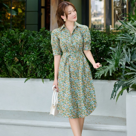 Đầm sơ mi họa tiết hoa nhí HeraDG thiết kế dáng suông ngắn tay kèm đai eo rời chất liệu Poplin cao cấp SDPBC2102