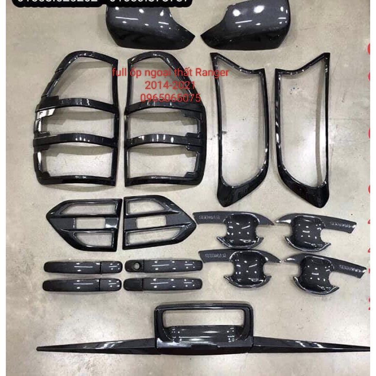 Phụ kiện ngoại thất Ford Ranger 2014-2021 vân carbon ốp tay,hỏm cửa,nắp xăng,ốp đèn pha đèn hậu