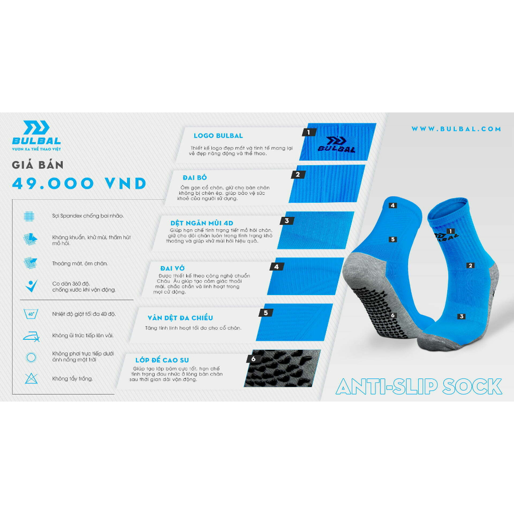 Vớ Chống Trượt Bóng Đá, tất chống trơn, Chính Hãng Bulbal Anti-Slip Hàng Cao Cấp VCT
