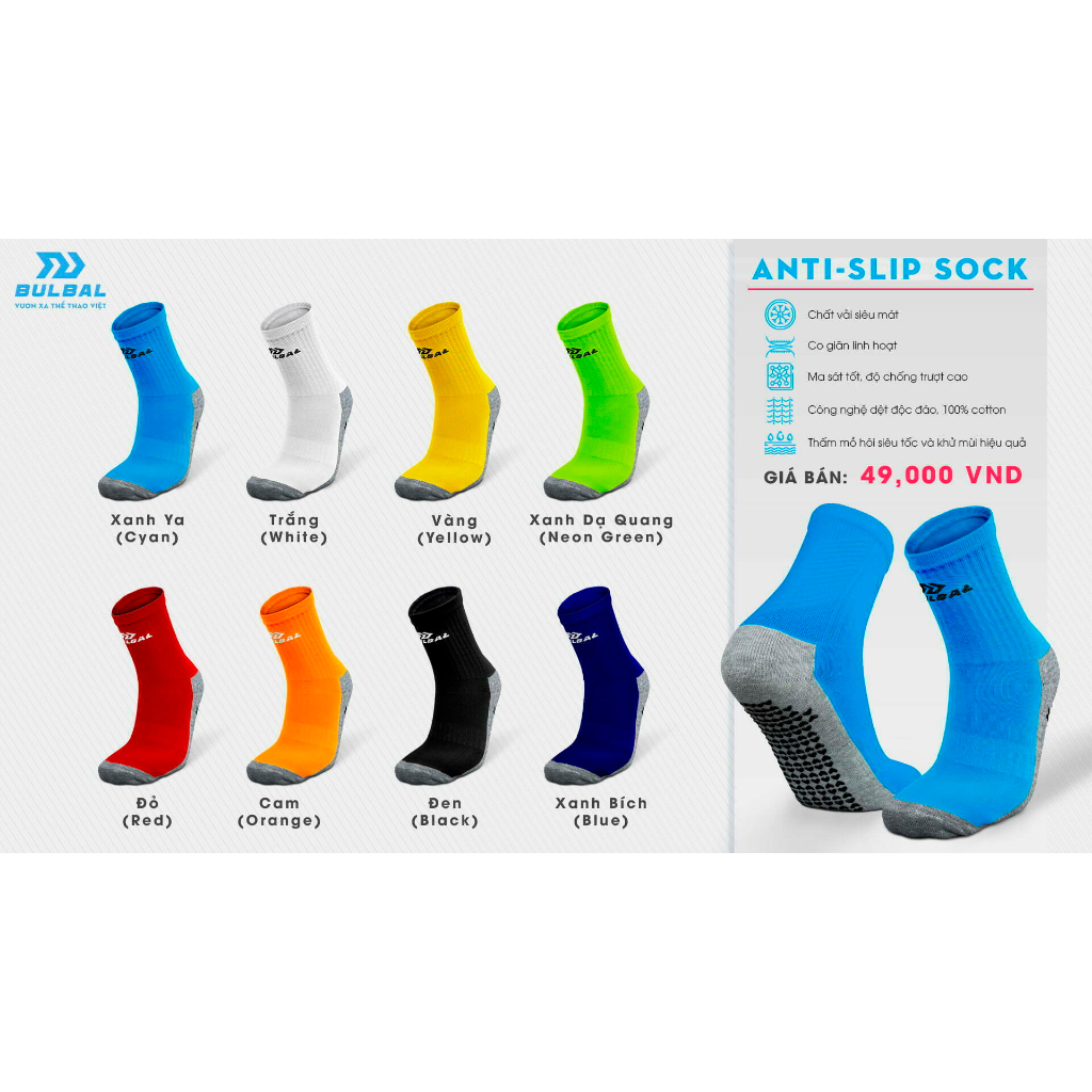 Vớ Chống Trượt Bóng Đá, tất chống trơn, Chính Hãng Bulbal Anti-Slip Hàng Cao Cấp VCT
