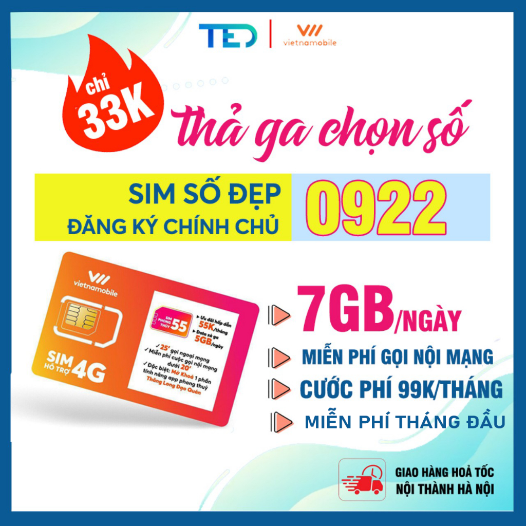 Sim 4G Vietnamobile, NGHE GỌI - 4G, Sim data ưu đãi 7GB/ngày, Sim mới 100%, Đăng ký chính chủ, TK 0Đ