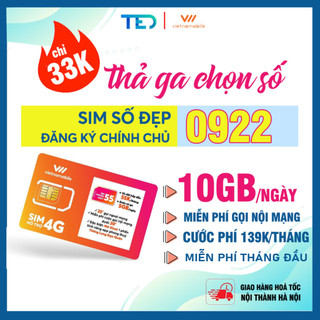 Sim 4g vietnamobile, nghe gọi - 4g, sim data ưu đãi 10gb/ngày, sim mới 100%, đăng ký chính chủ, tk 0đ