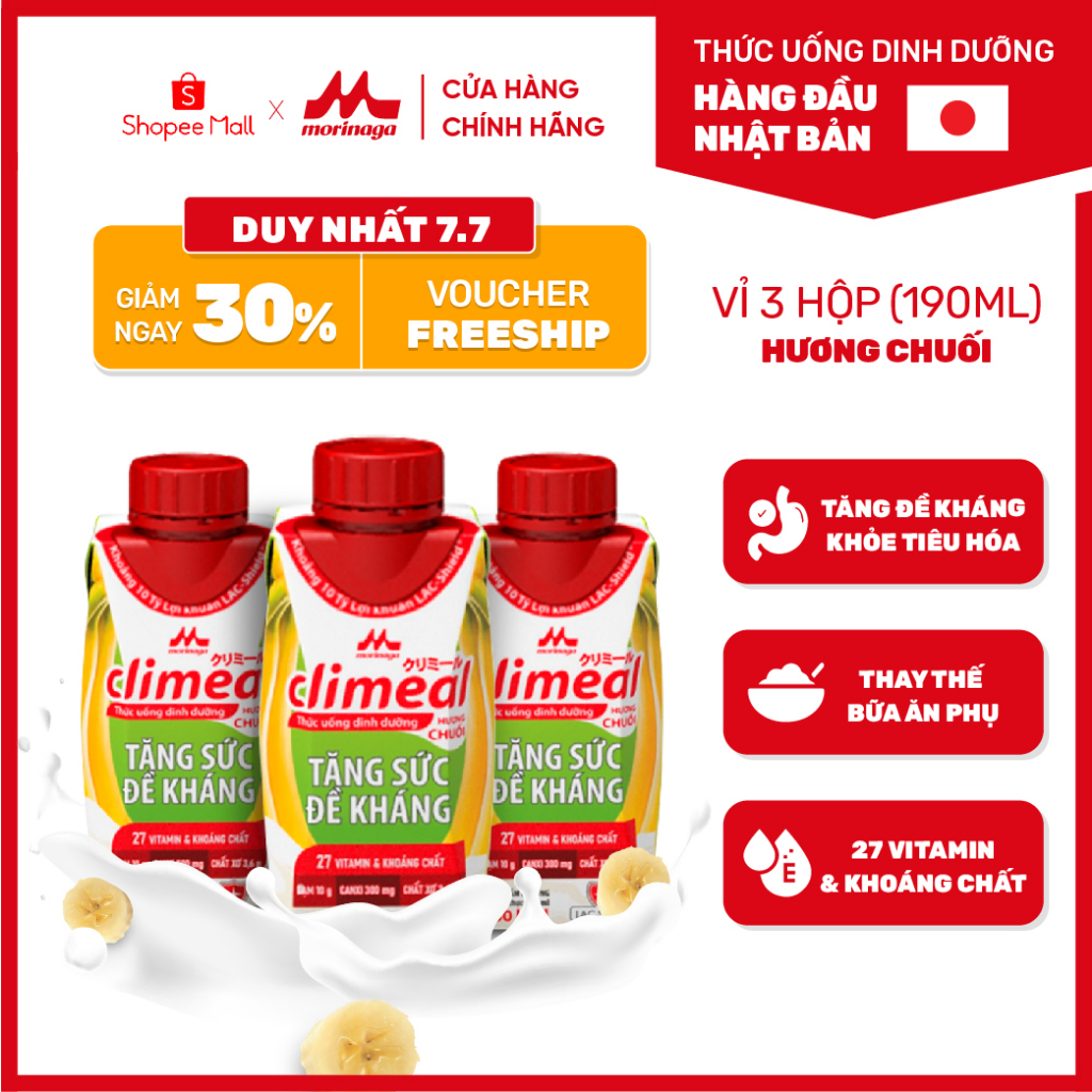 Vỉ 3 hộp 190ml Thức uống dinh dưỡng Climeal - Hương chuối