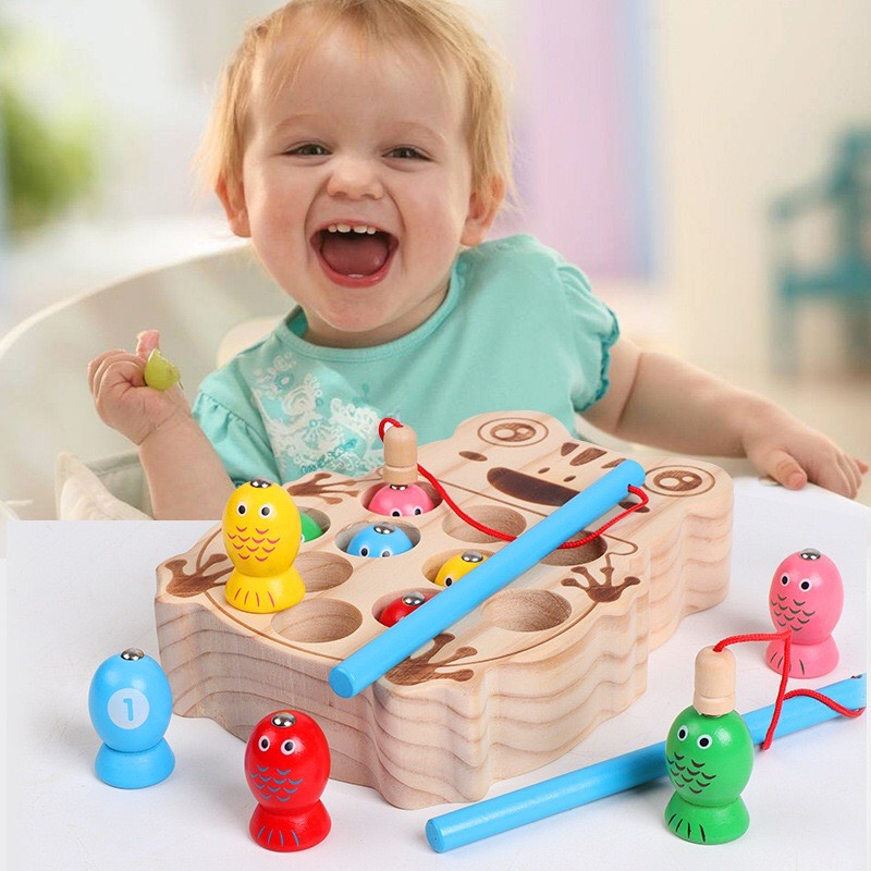 Đồ Chơi Câu Cá Nam Châm Khay Hình Ếch Chất Liệu Gỗ An Toàn Cho Bé