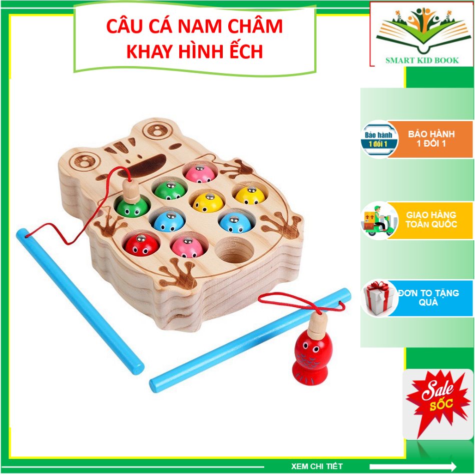 Đồ Chơi Câu Cá Nam Châm Khay Hình Ếch Chất Liệu Gỗ An Toàn Cho Bé