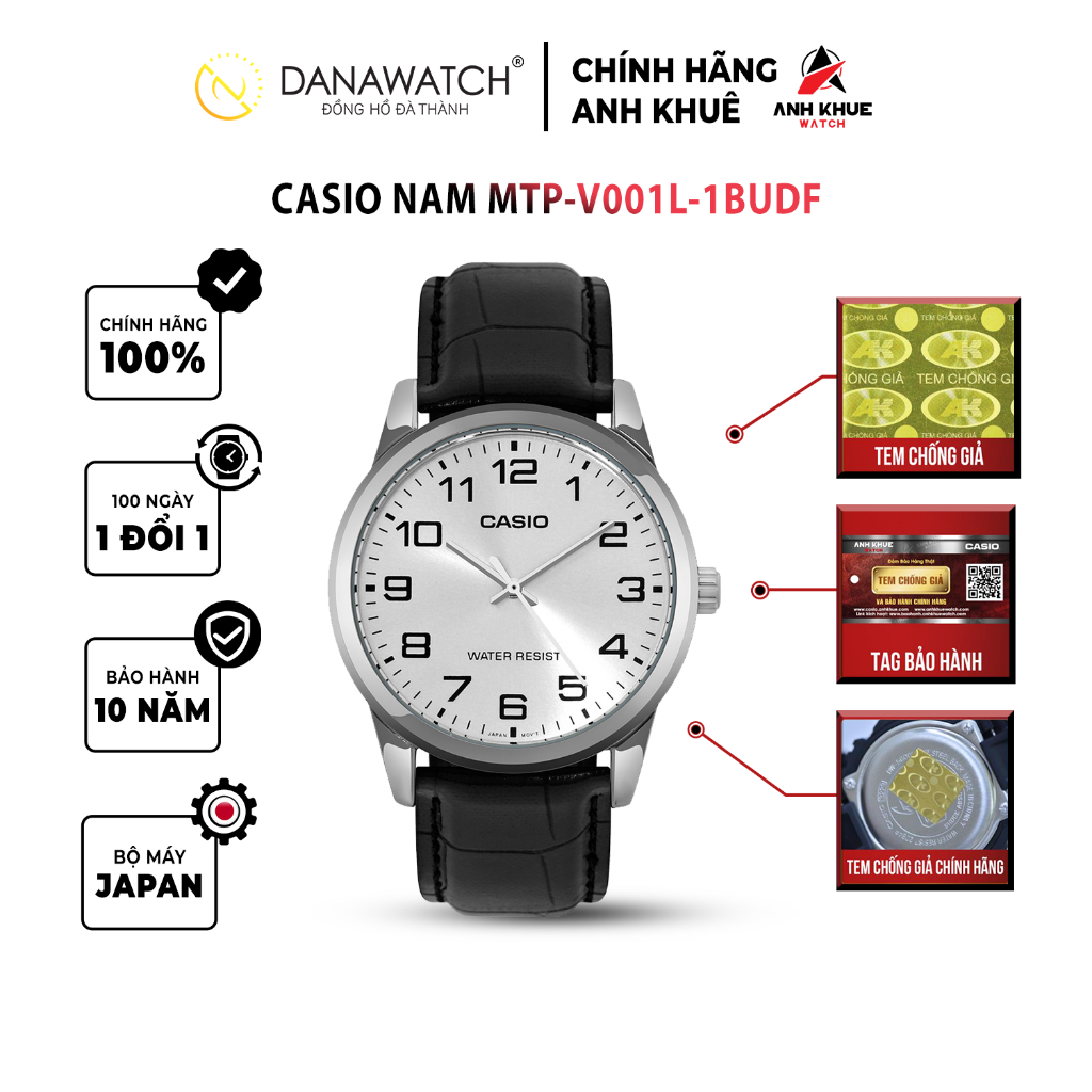Đồng hồ Casio Nam chính hãng Casio Nhật Bản MTP-V001L-1BUDF dây da chính hãng chống nước tốt