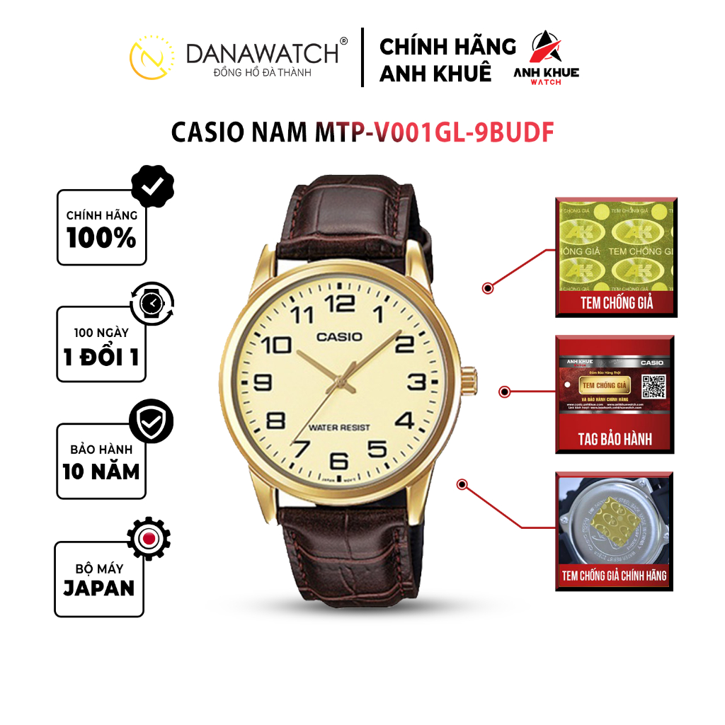 Đồng hồ Casio Nam chính hãng Casio Nhật Bản MTP-V001GL-9BUDF dây da chính hãng chống nước tốt