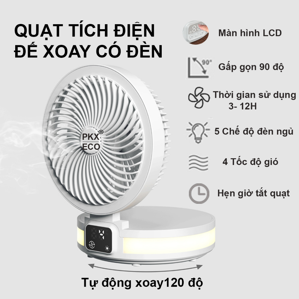 Quạt tích điện mini đế xoay tự động - Để bàn văn phòng- Cho các Bé - Có thể treo tường- Gấp gọn - Có đèn ngủ 5 chế độ
