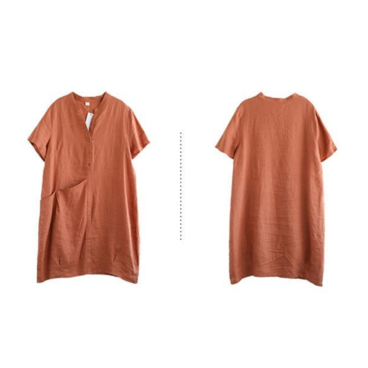 Đầm suông tay cộc cổ tầu Linen Premium không kén dáng mặc, chất vải Linen bột mềm mát thich hợp mùa hè