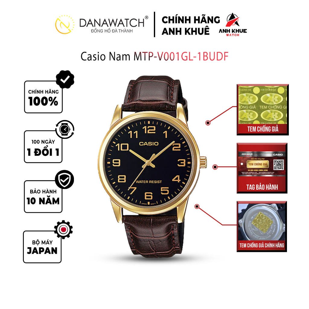 Đồng hồ Casio Nam chính hãng Casio Nhật Bản MTP-V001GL-1BUDF dây da chính hãng chống nước tốt