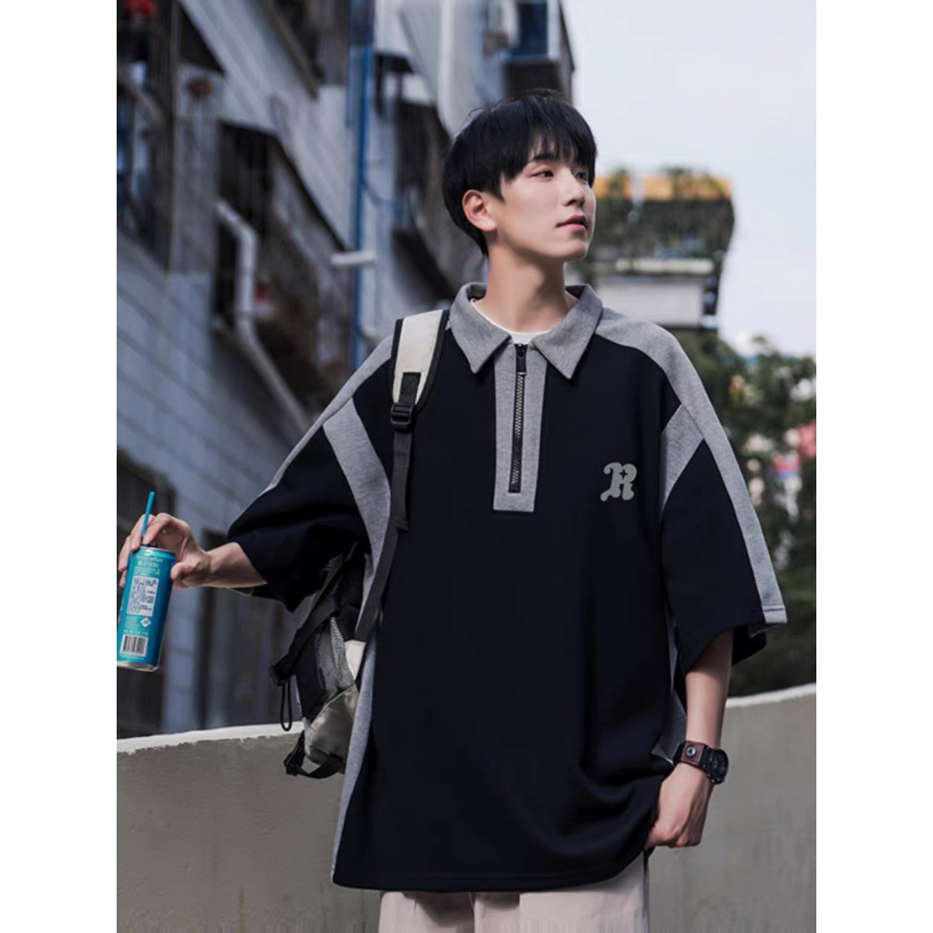 Áo polo unisex màu tương phản, cổ kéo khóa