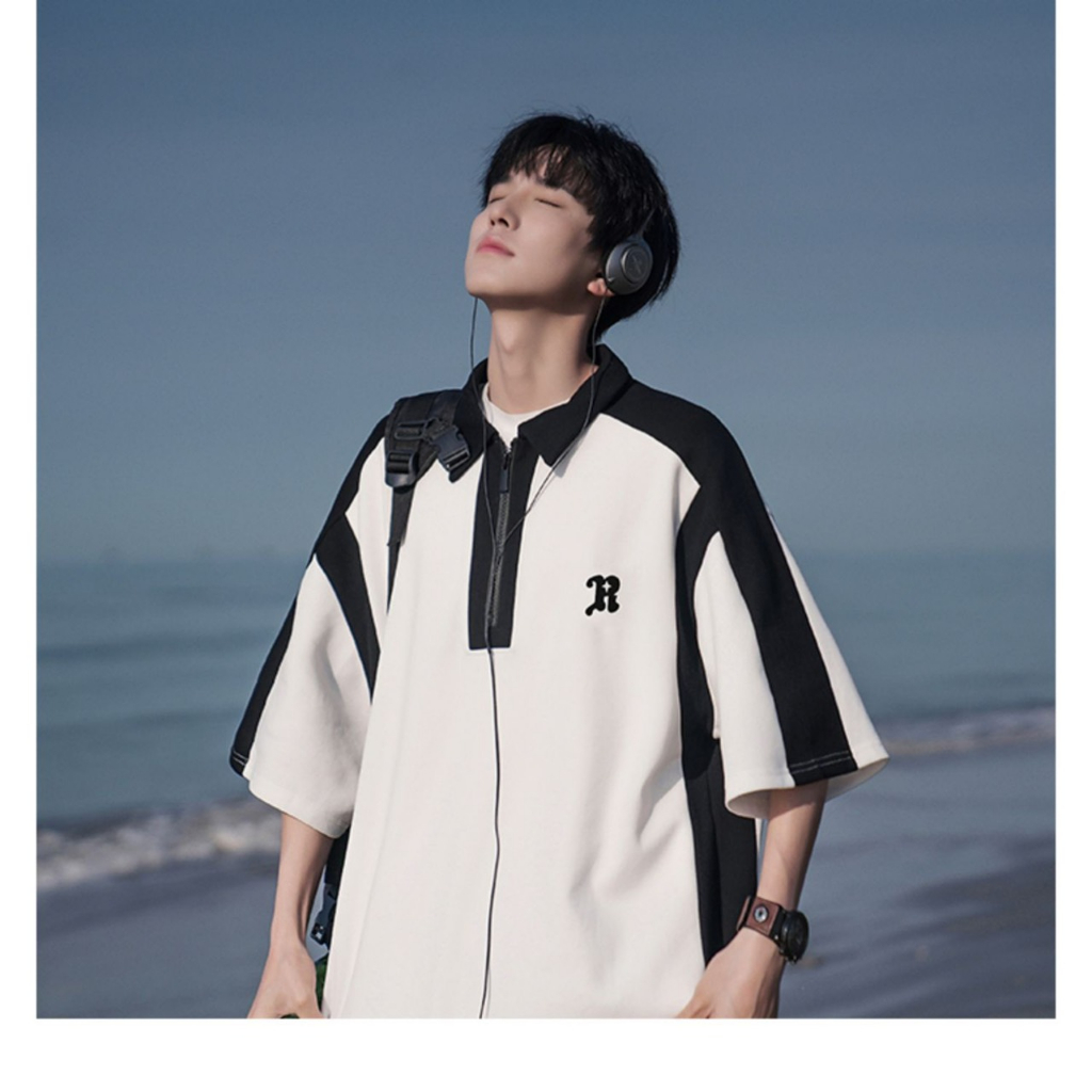 Áo polo unisex màu tương phản, cổ kéo khóa