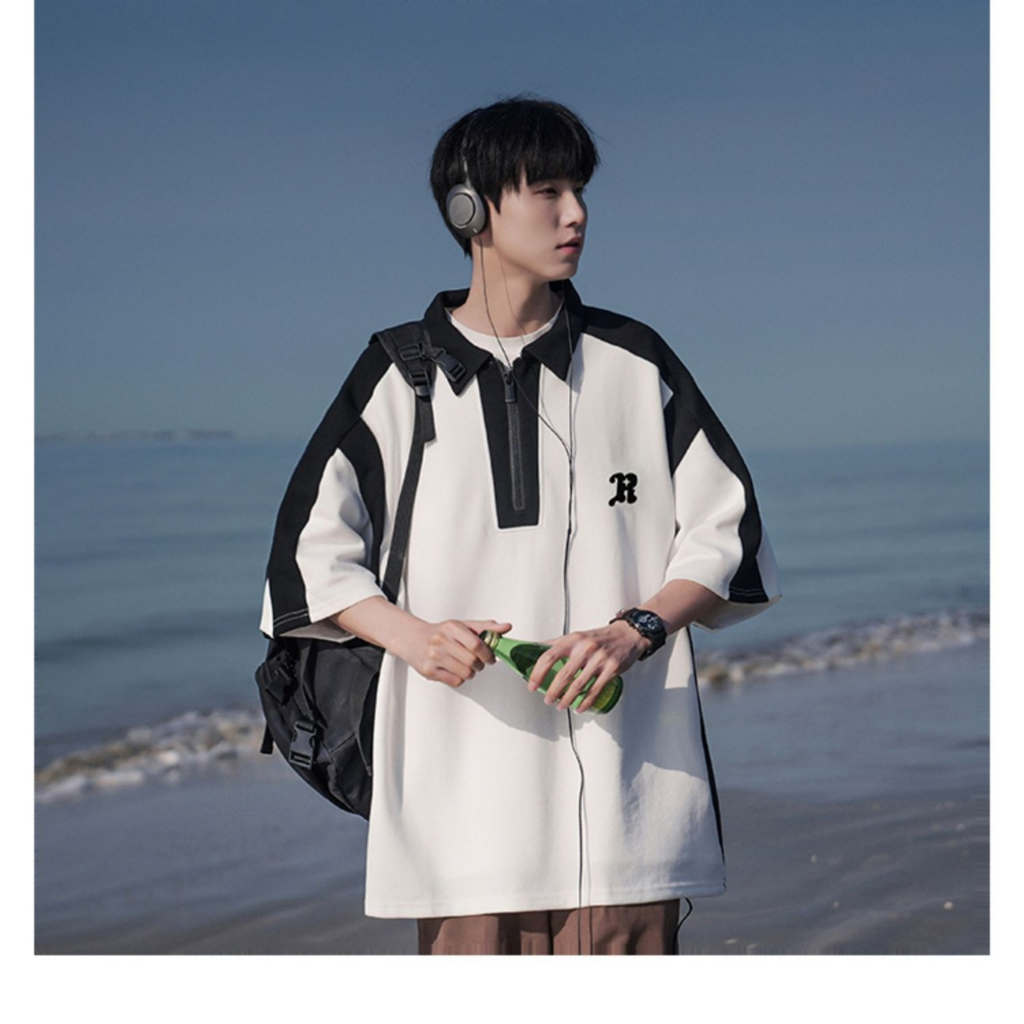 Áo polo unisex màu tương phản, cổ kéo khóa