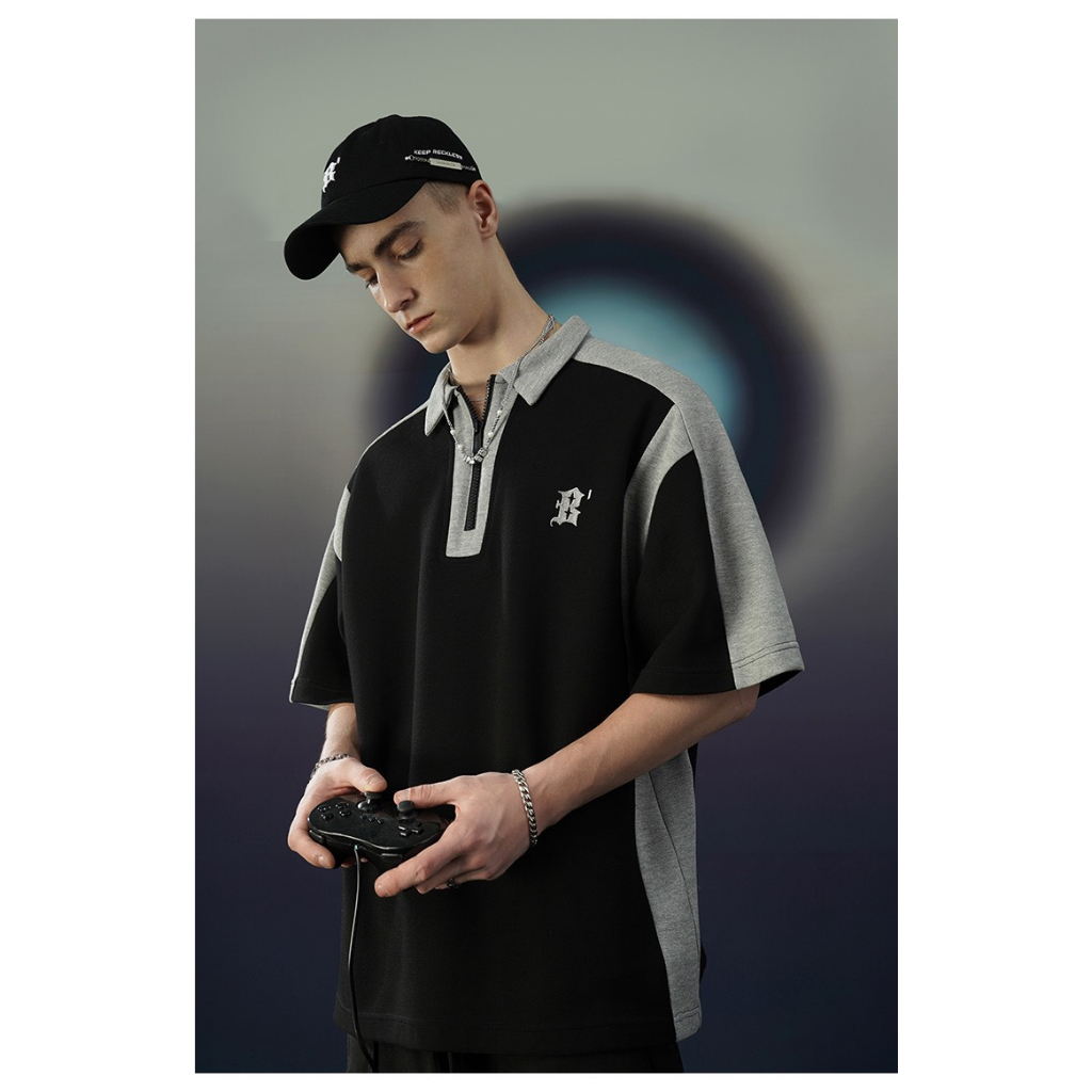 Áo polo unisex màu tương phản, cổ kéo khóa