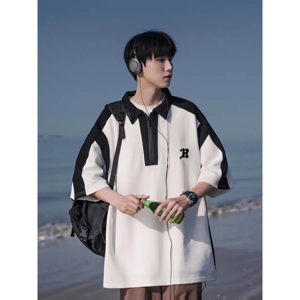 Áo polo unisex màu tương phản, cổ kéo khóa