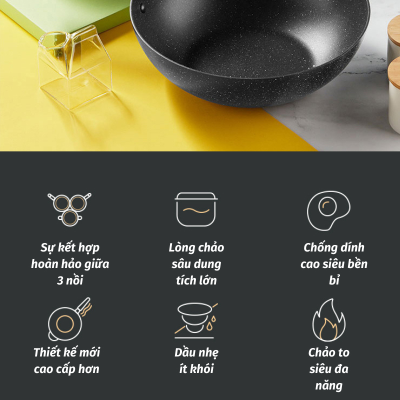 Chảo Chống Dính Domino Lòng Sâu Phù Hợp Xào Nấu Tương Thích Mọi Loại Bếp