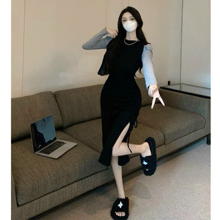 Đầm Body Thời Trang Nữ Dự Tiệc Chất Thun Gân Cổ Tròn Tay Dài Hở Vai Bo Eo Váy Xẻ Lai Dây Rút Maxi Phong Cách