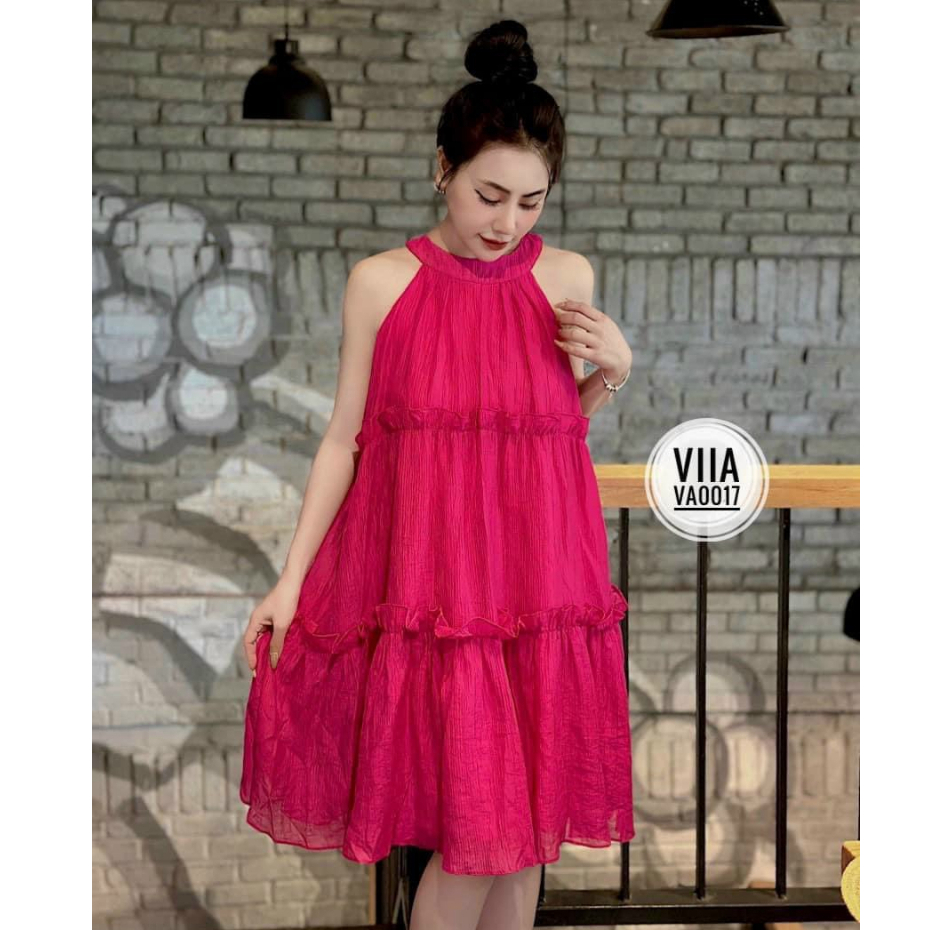 Đầm Dự Tiệc Thời Trang Nữ Chất Chéo Cổ Yếm Không Tay Váy Dập Ly Tạo Ngấn Dài Xoè Maxi Phong Cách