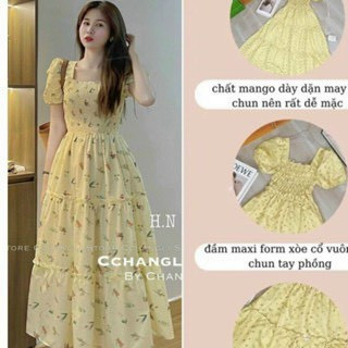 Đầm dự tiệc thời trang nữ chất mango hoa cổ vuông tay ngắn dáng váy dài xoè maxi phong cách sang trọng